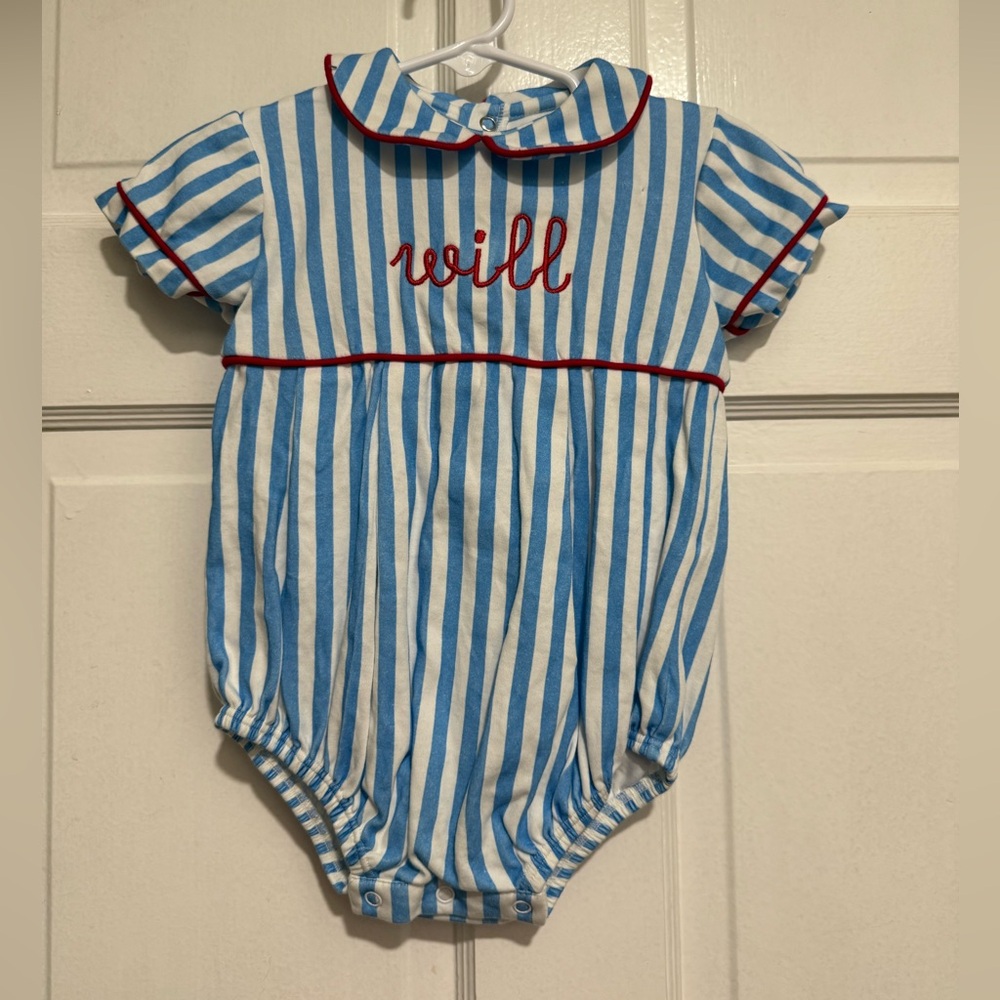 18 Month Stripe One Piece “Will” Monogram Outfit Red White Blue Summer Bubble